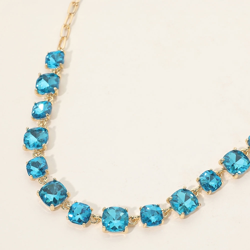 Blue Teal Square Stone Link Crystal Necklace Chain Evening